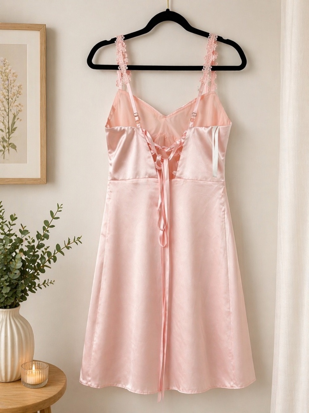 Amazon Pale Pink Satin Lace-Trim Mini Dress - Picture 3 of 3